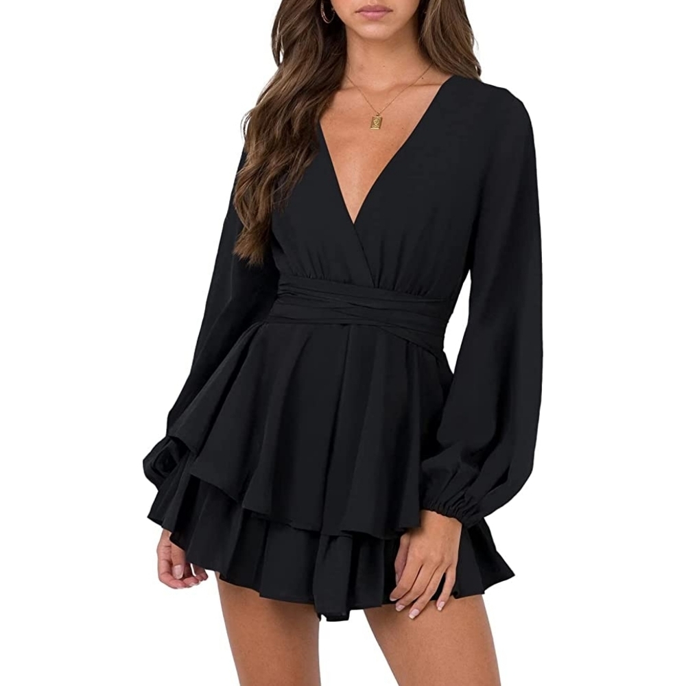 370  New BOUTIQUE Black Tie Waist Ruffle Hem Flowy Romper